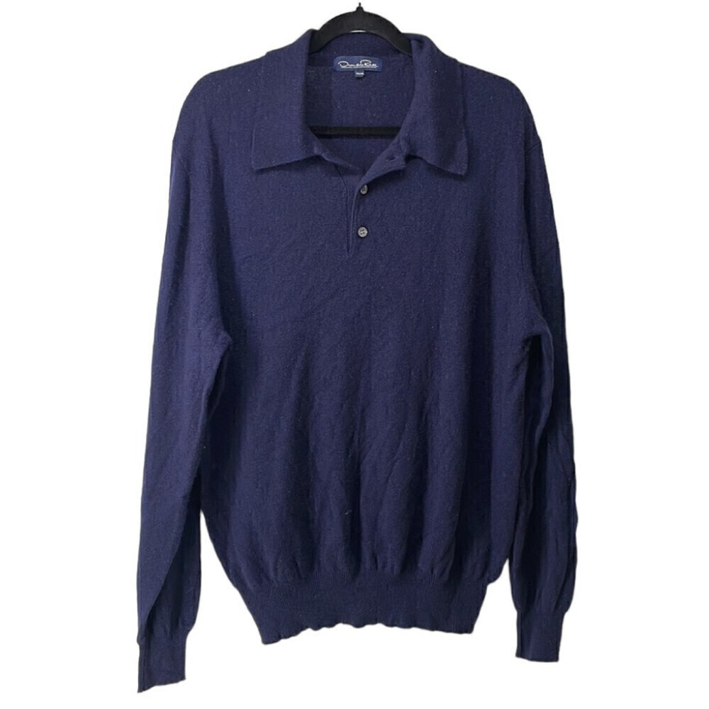 Oscar de la Renta 100% cashmere collared sweater dark blue button Hong Kong XL
